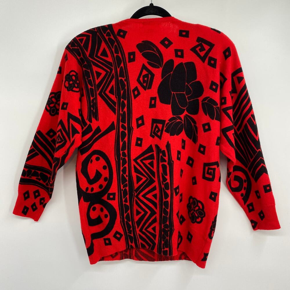 Vintage 80s Lambswool Sweater Beaded Sequined Oversized Red Gold Black Womens S - Picture 3 of 5